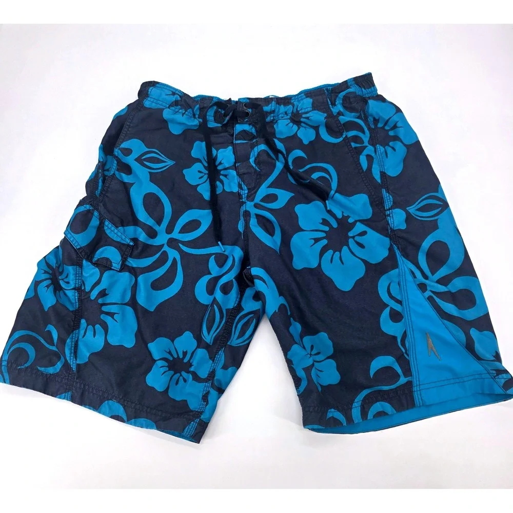 Speedo Mens Floral Hibiscus Swim Trunks Navy‎ Turquoise Cargo Pocket Size M